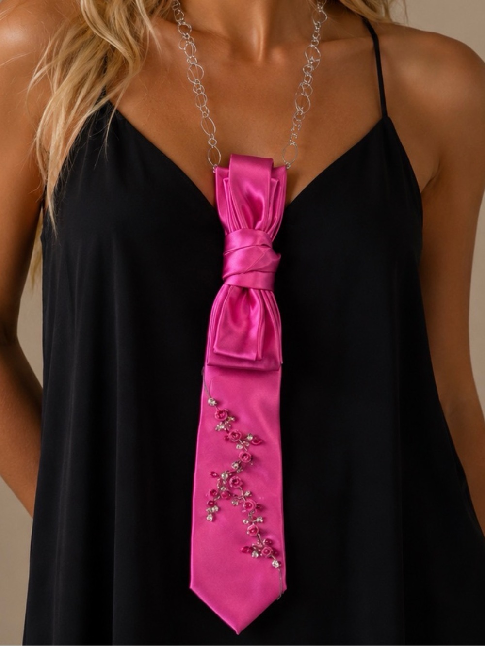 Fairytale Necktie Necklace Aurora Vintage Tie, Hand Sewn Rose Trellis, Princess